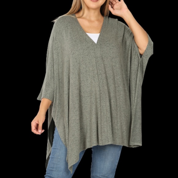 Light Olive Oversized V-Neck Poncho - Picture 2 of 2